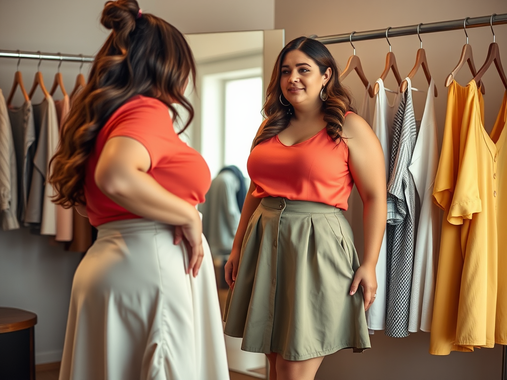 A woman in a fitted orange top and green skirt admires her reflection in a dressing room. Clothing hangs nearby.