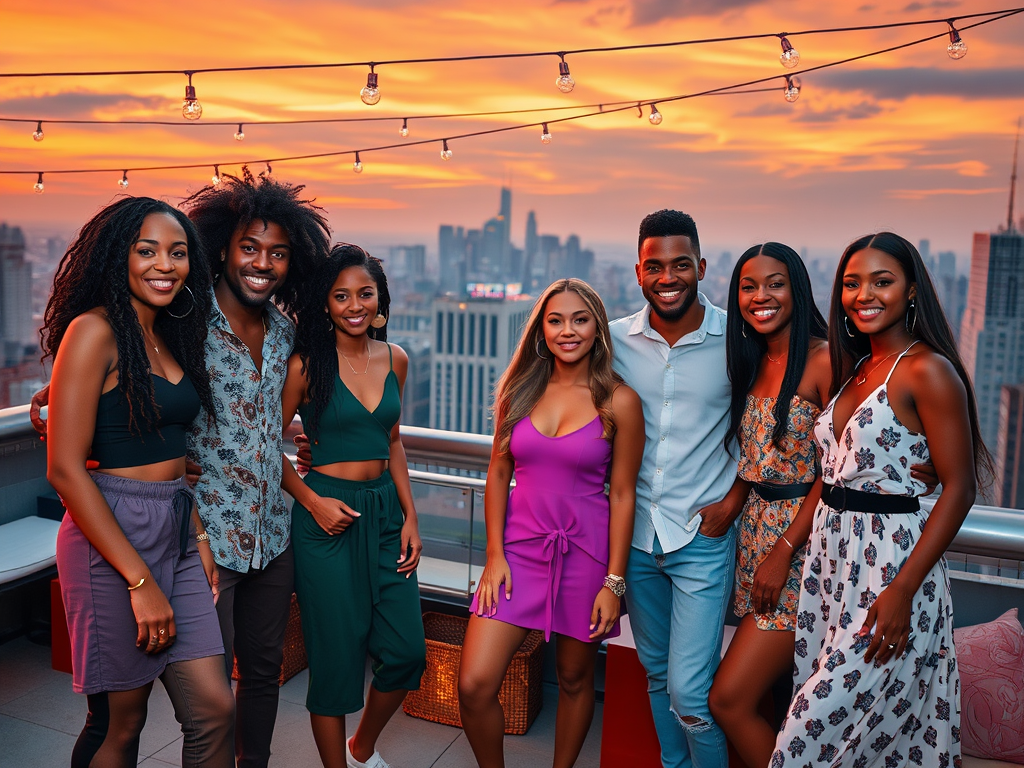 A group of seven friends poses on a rooftop during sunset, with a vibrant city skyline in the background.