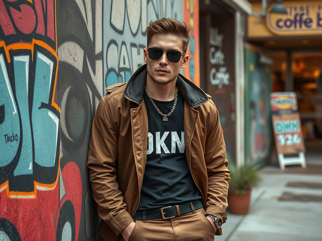 A stylish young man wearing sunglasses and a brown jacket leans against a colorful graffiti wall.