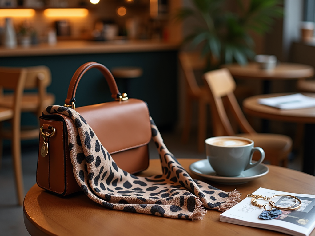 Leopard print scarf and brown handbag on a café table with coffee and eyeglasses nearby.