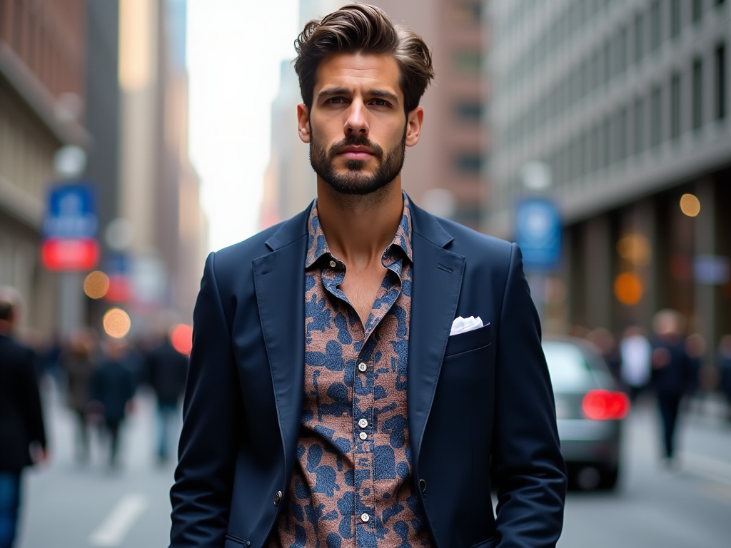 Man in a stylish suit standing confidently on a busy city street.