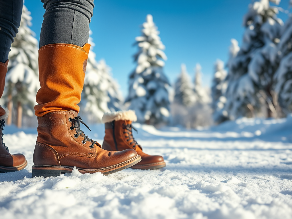 A close-up of winter boots in the snow, with snowy trees and a clear blue sky in the background.