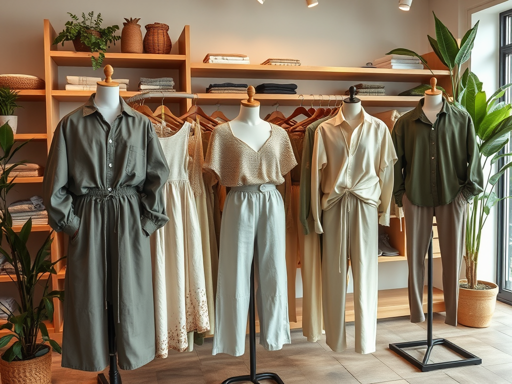 A display of stylish women's outfits on mannequins in a modern clothing store, featuring various colors and textures.