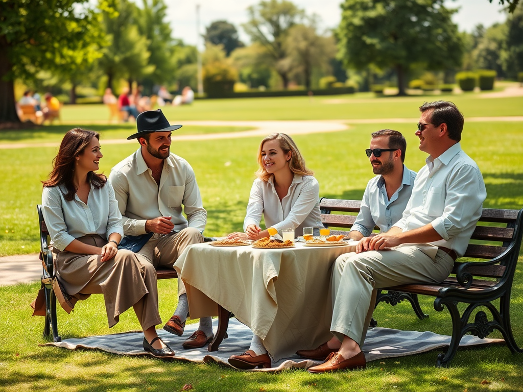 A group of five friends enjoys a picnic on a sunny day in a green park, sitting around a table with snacks.