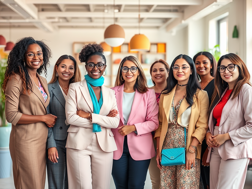 A group of eight professional women smiling, dressed in stylish business attire, standing together in a bright office space.