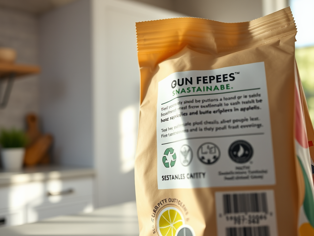 A close-up of a brown snack packaging with text about sustainability and health benefits, displayed in a bright kitchen.