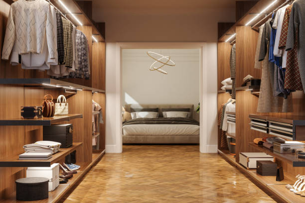 A well-organized walk-in closet with clothes, shoes, and accessories suitable for transitioning from day to night.