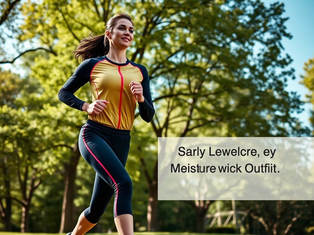 A woman runs in a park wearing a colorful athletic outfit, enjoying a sunny day surrounded by trees.