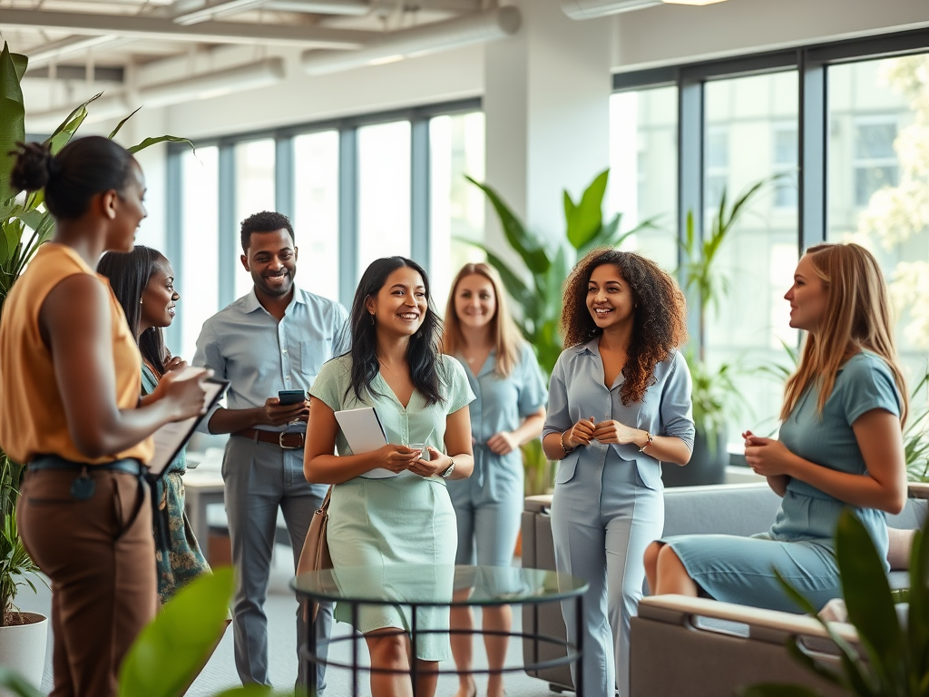 A group of diverse professionals engaged in a lively discussion in a modern office space filled with greenery.