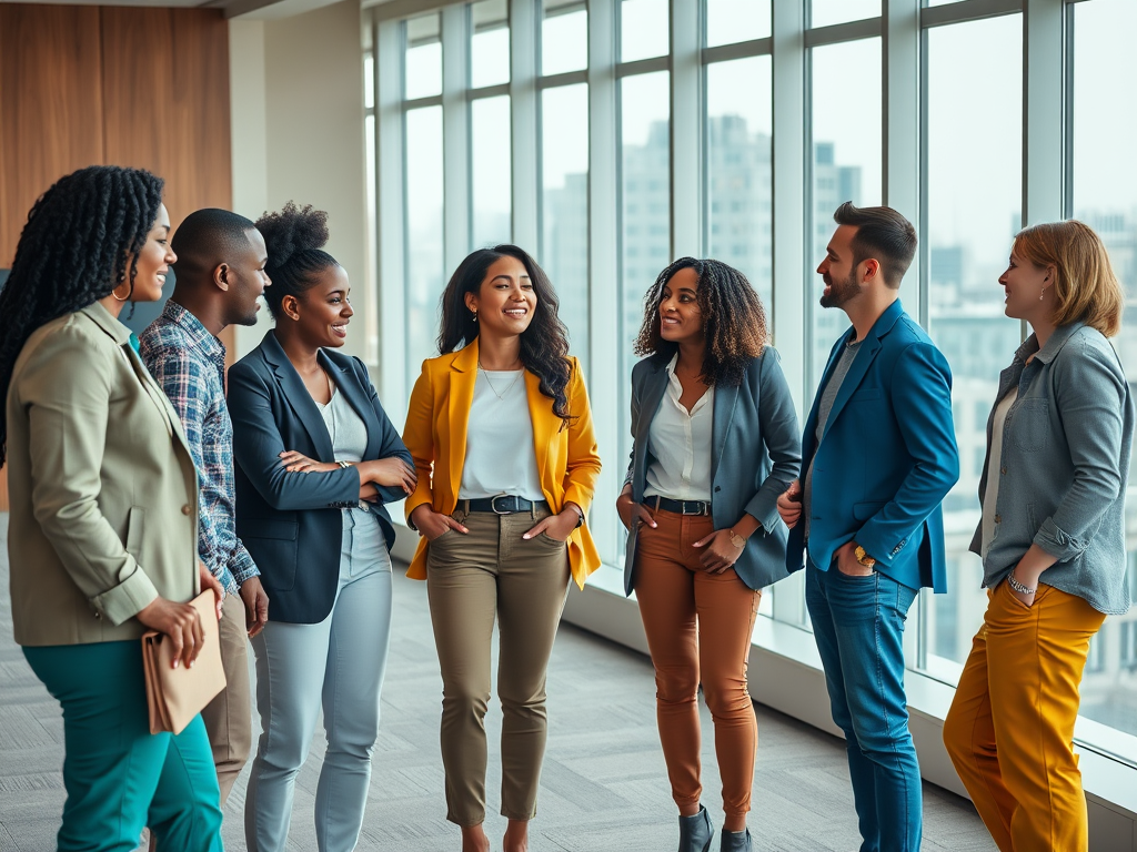 A diverse group of professionals happily engaged in conversation near large windows in an office setting.