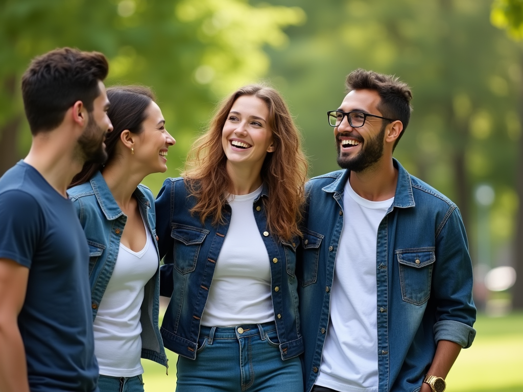 Group of young adults laughing together in a sunny park, all wearing denim.