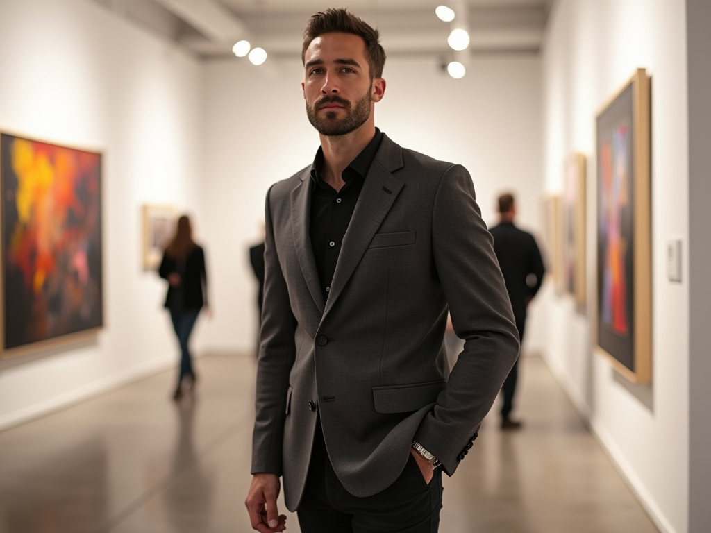 Man in gray suit standing in art gallery, looking contemplative, with blurred paintings and visitors in background.