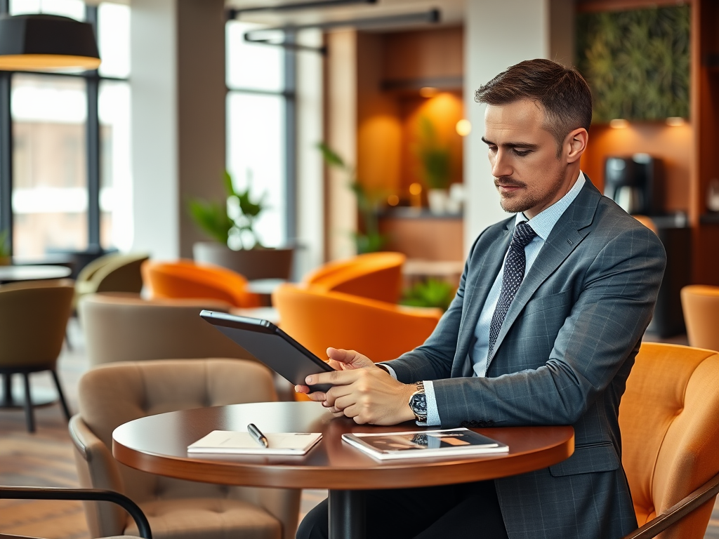 A man in a suit sits at a table, focused on a tablet, in a modern, stylish café setting.