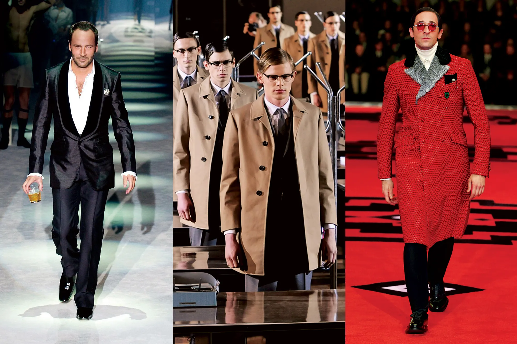 Iconic runway shows featuring diverse designs, from sleek suits to classic trench coats and bold, patterned attire.