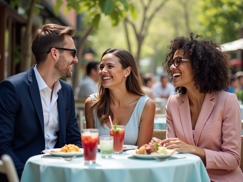 Three friends laughing at an outdoor restaurant table, enjoying food and drinks.