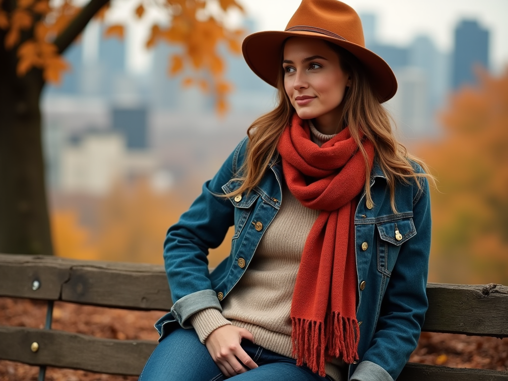 Woman in orange hat and red scarf sitting on a park bench in autumn.