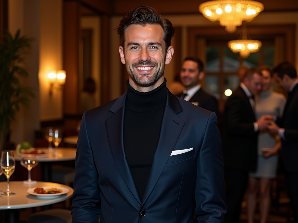 Smiling man in navy suit at a formal event with people socializing in the background.