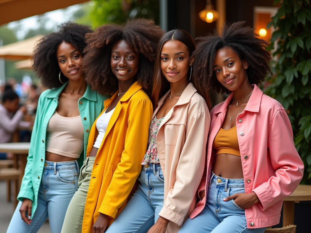 Four fashionable women smiling together outdoors.