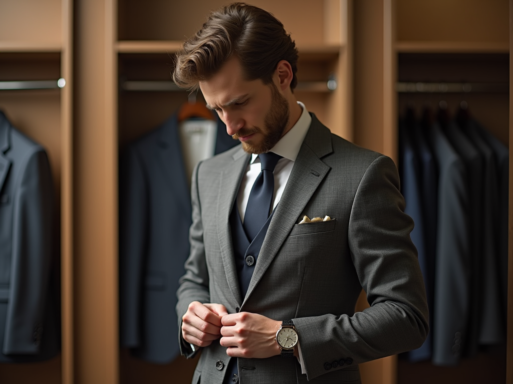 Man in gray suit adjusting cuff in a wardrobe full of suits.