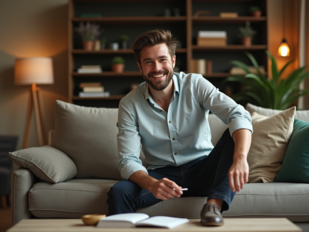 Man smiling while sitting on a sofa with a book and pen, in a cozy living room setting.