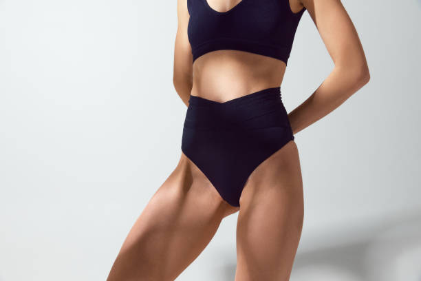 Modern two-piece swimsuit with a high-waisted bottom, showcasing contemporary swimwear fashion trends.