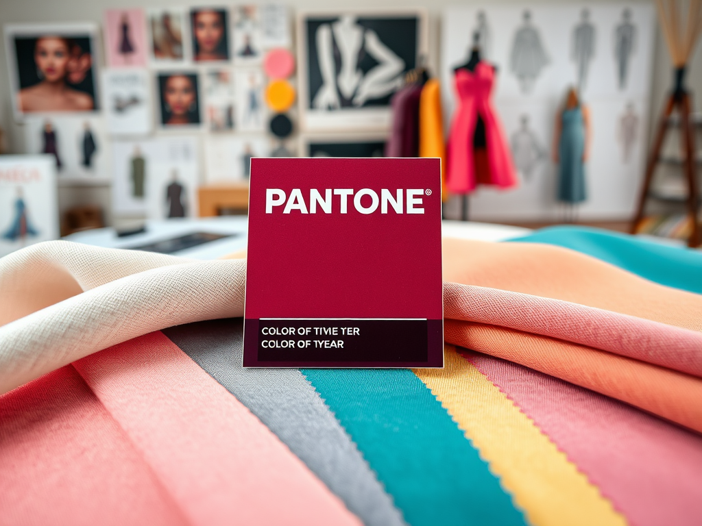 A Pantone color swatch titled "Color of the Year" is displayed against a backdrop of colorful fabrics and design sketches.