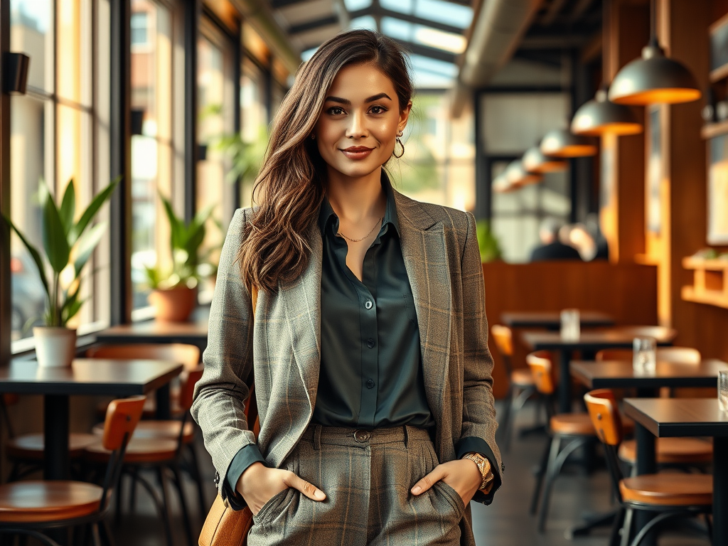 A confidently smiling woman in a stylish plaid suit stands in a bright café with greenery in the background.