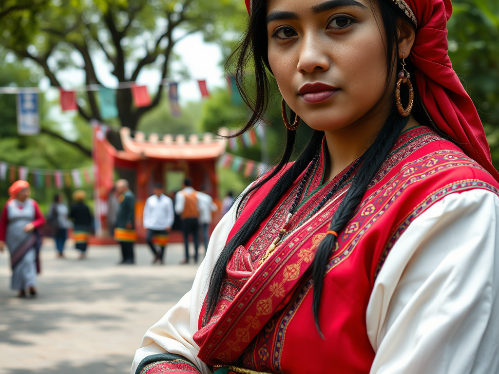 A woman in traditional attire with red accents stands in a lively outdoor setting, smiling confidently at the camera.