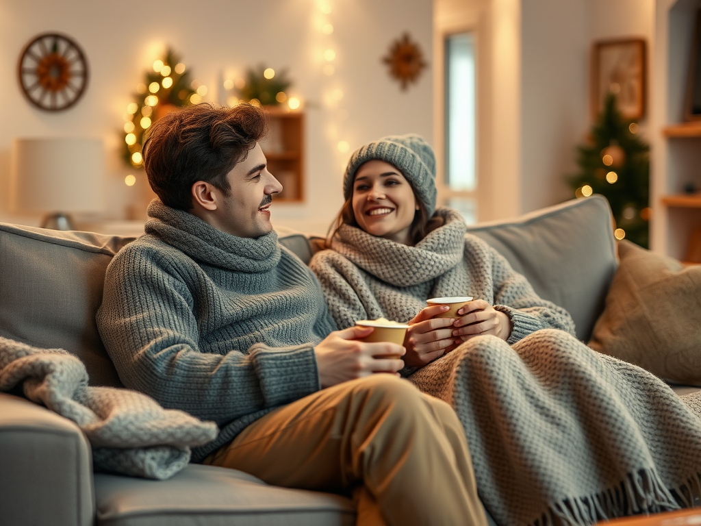 A couple sits on a cozy couch, smiling and holding warm drinks, surrounded by festive holiday decorations.