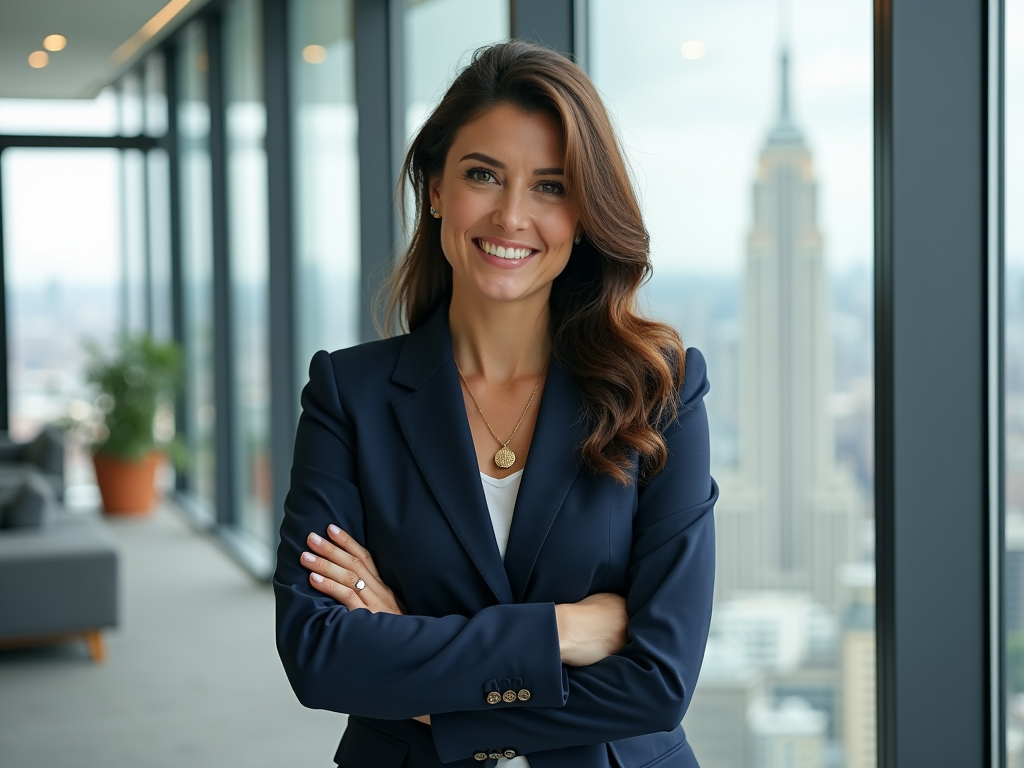 Confident businesswoman smiling in a modern office with city skyline in the background.