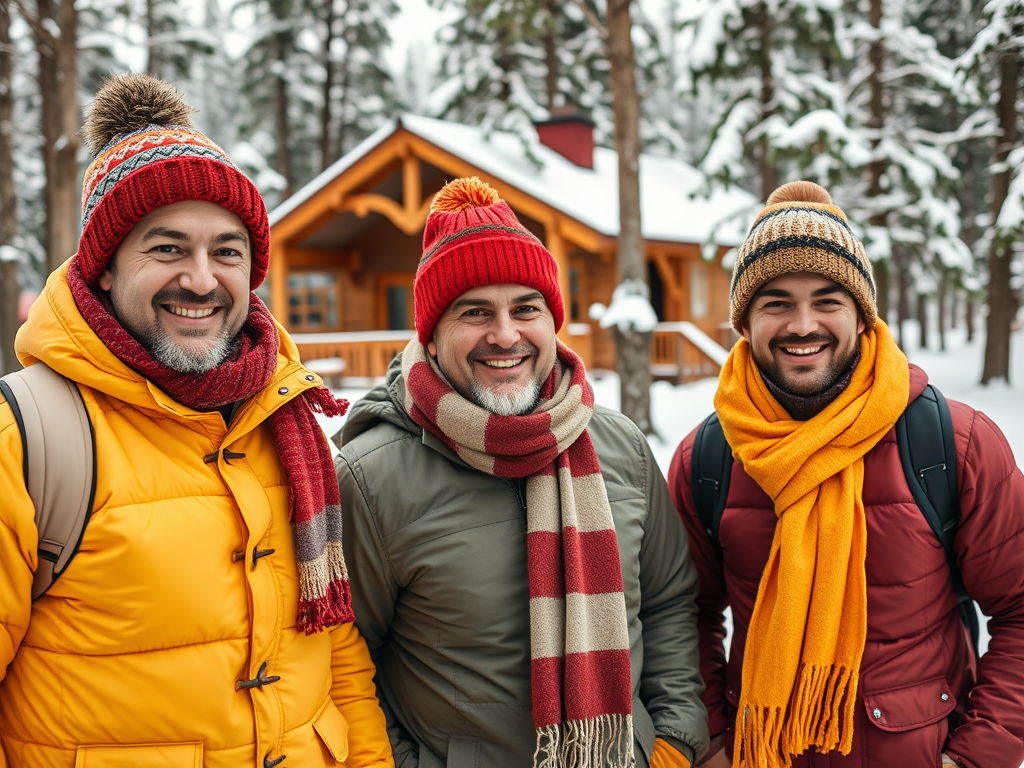 Three smiling men in colorful winter attire stand in front of a wooden cabin in a snowy landscape.