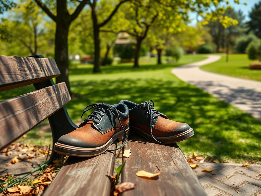 A pair of stylish brown and black shoes rests on a wooden bench in a sunny park setting with green trees.