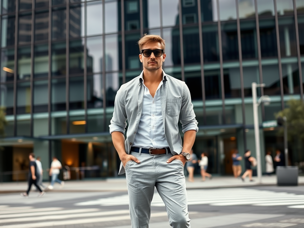 A stylish man in sunglasses and a light outfit stands confidently on a city street with pedestrians behind him.
