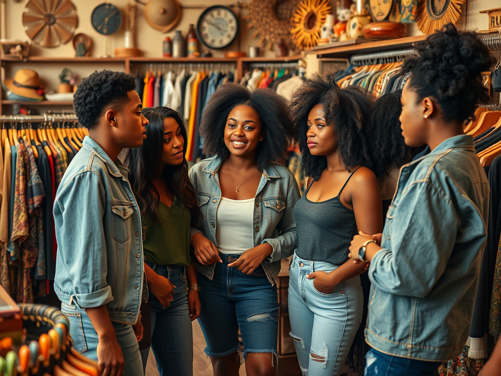 A group of five young people with natural hair chatting and laughing in a vintage clothing store.