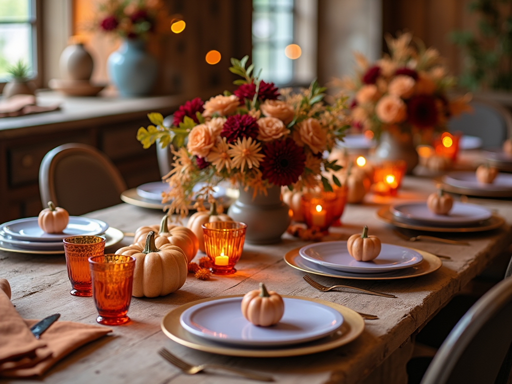 Elegant autumn table setting with floral arrangements, orange candles, and mini pumpkins.