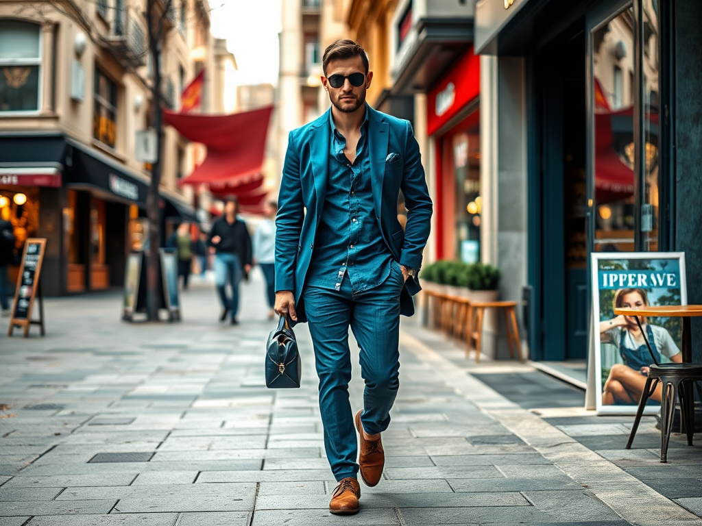 A stylish man in a teal suit and sunglasses walks confidently down a busy street lined with shops and cafes.