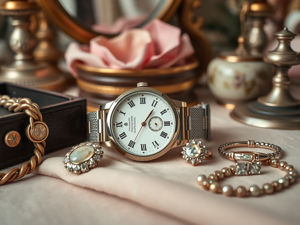 A stylish watch with Roman numerals surrounded by jewelry, including rings, bracelets, and a decorative mirror.