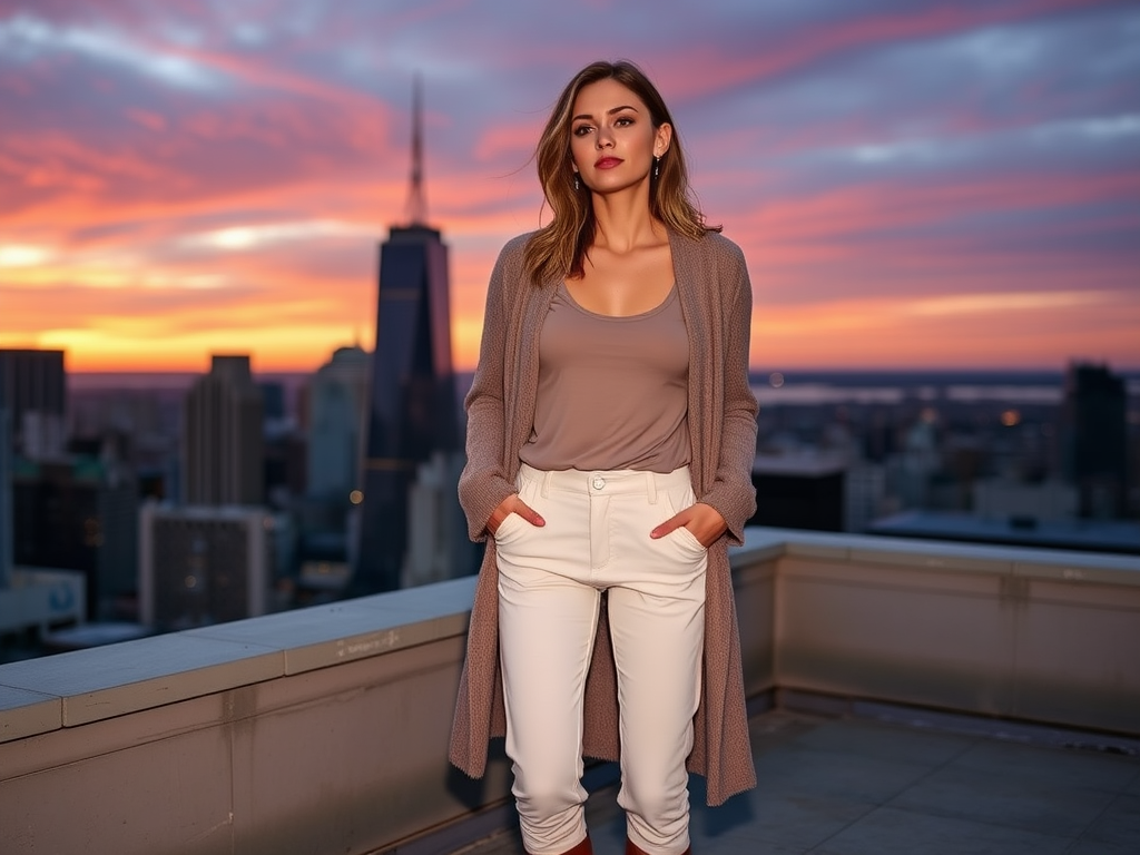 A woman stands confidently on a rooftop at sunset, with a city skyline and vibrant clouds in the background.