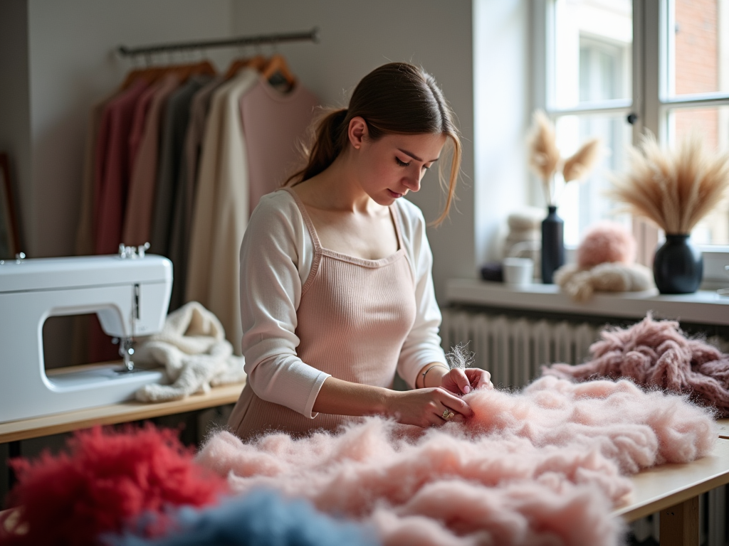 Young woman crafting with pink fabric at a well-lit sewing station.