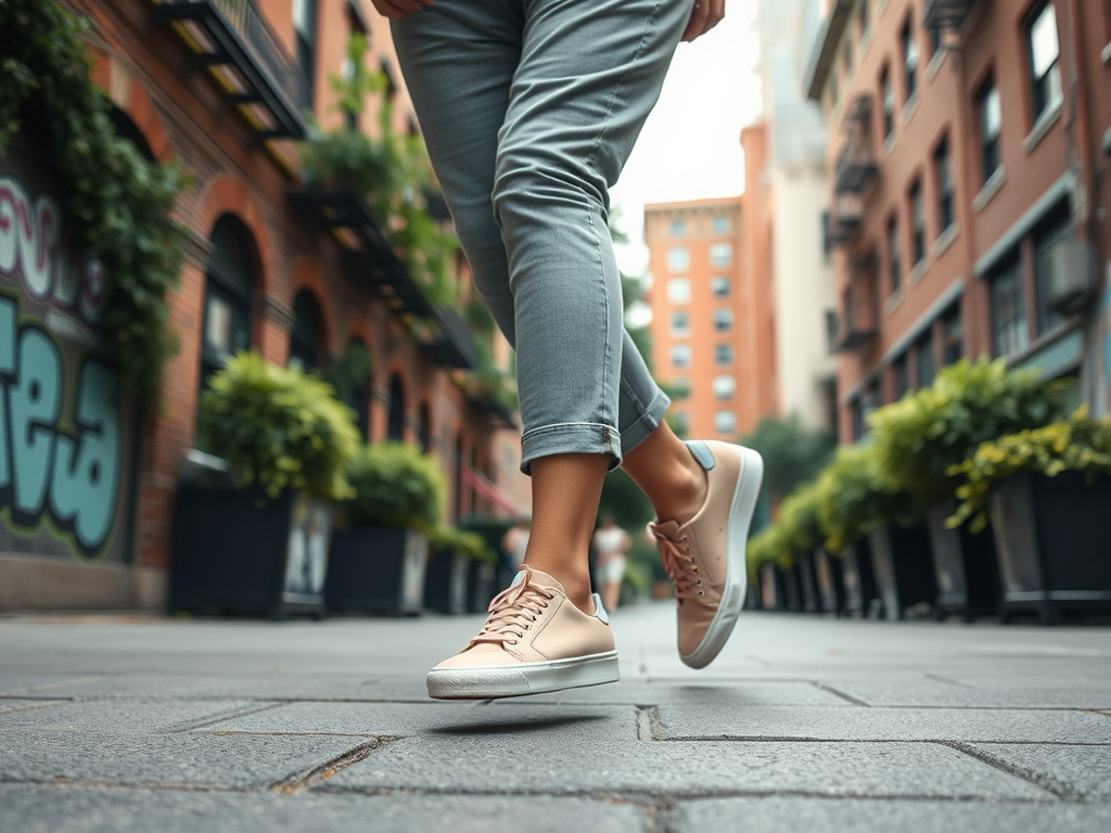 A person walks casually down a city street, wearing gray pants and light-colored sneakers, surrounded by greenery.