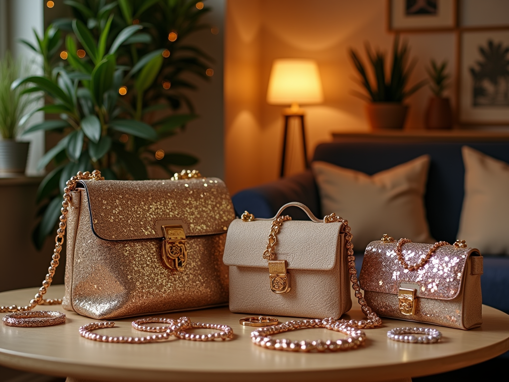 Three stylish purses on a table with jewelry, surrounded by indoor plants and cozy lighting.