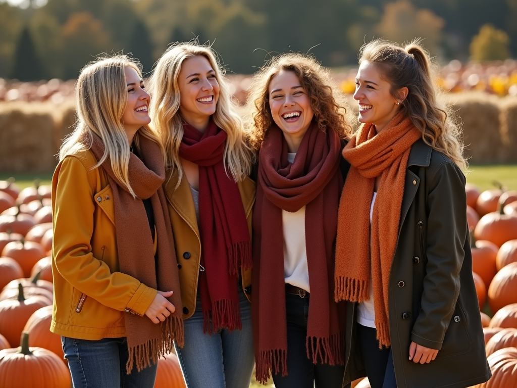 Four women laughing together in a pumpkin patch on a sunny day.