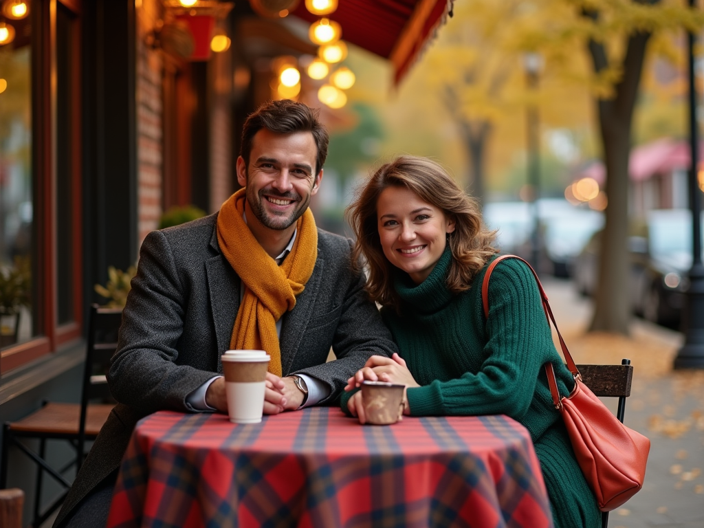 Man and woman smiling at a café table with a coffee, under autumn trees and lights.