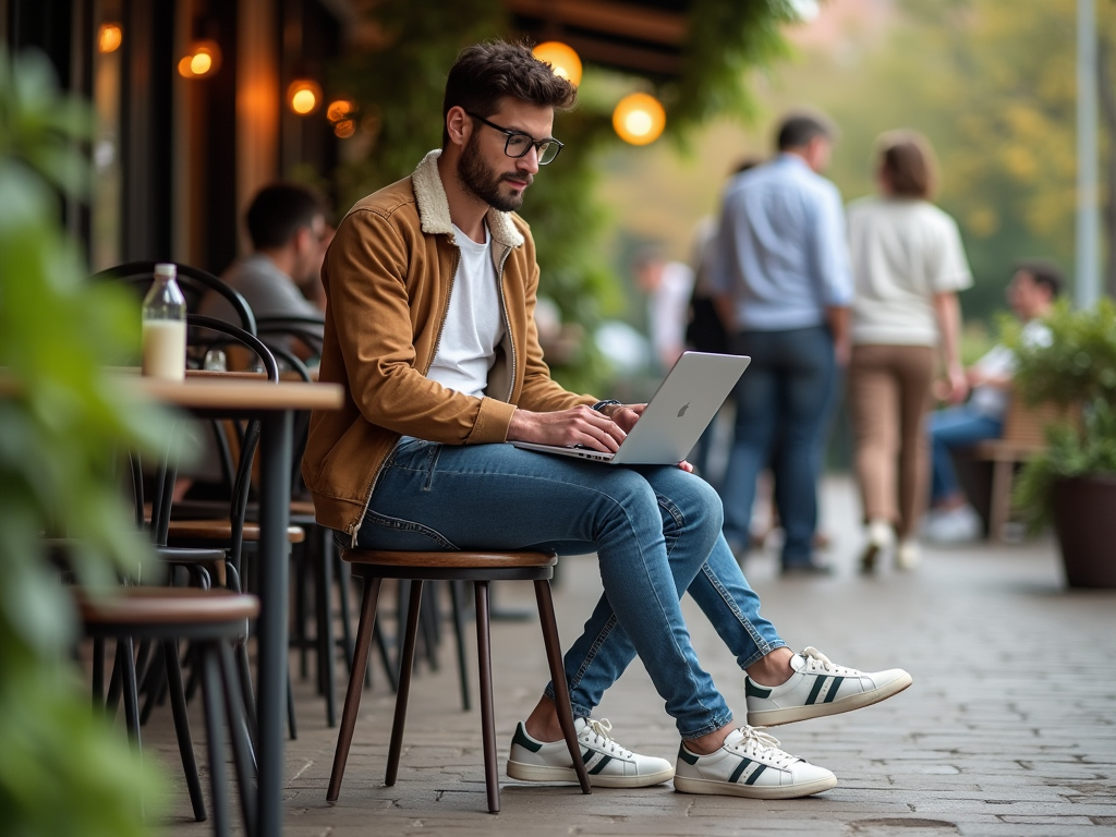 Man in glasses using laptop at a bustling outdoor café.