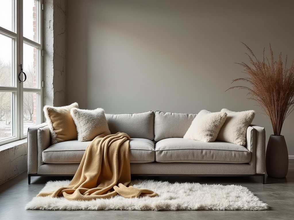 Modern living room with a gray sofa, plush throw and pillows, a furry rug, and a large window.