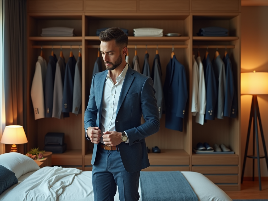 Man in a blue suit buttoning his jacket in a stylish bedroom with wardrobe.