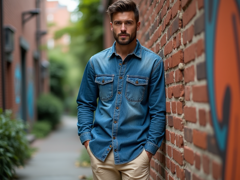 Man in denim shirt leaning against a brick wall on an urban street.