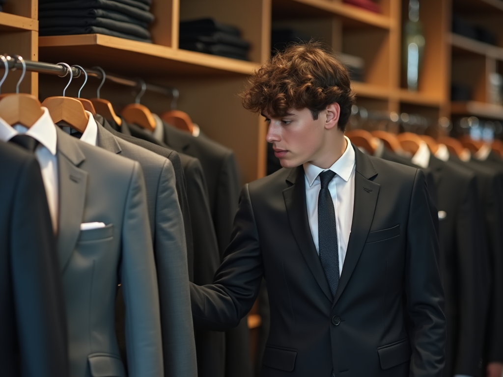 Young man in a suit browsing through suits in a clothing store.