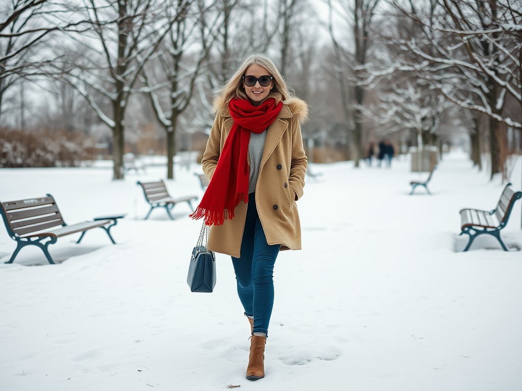 A woman walks in a snowy park wearing a tan coat, red scarf, and sunglasses, with benches lining the path.