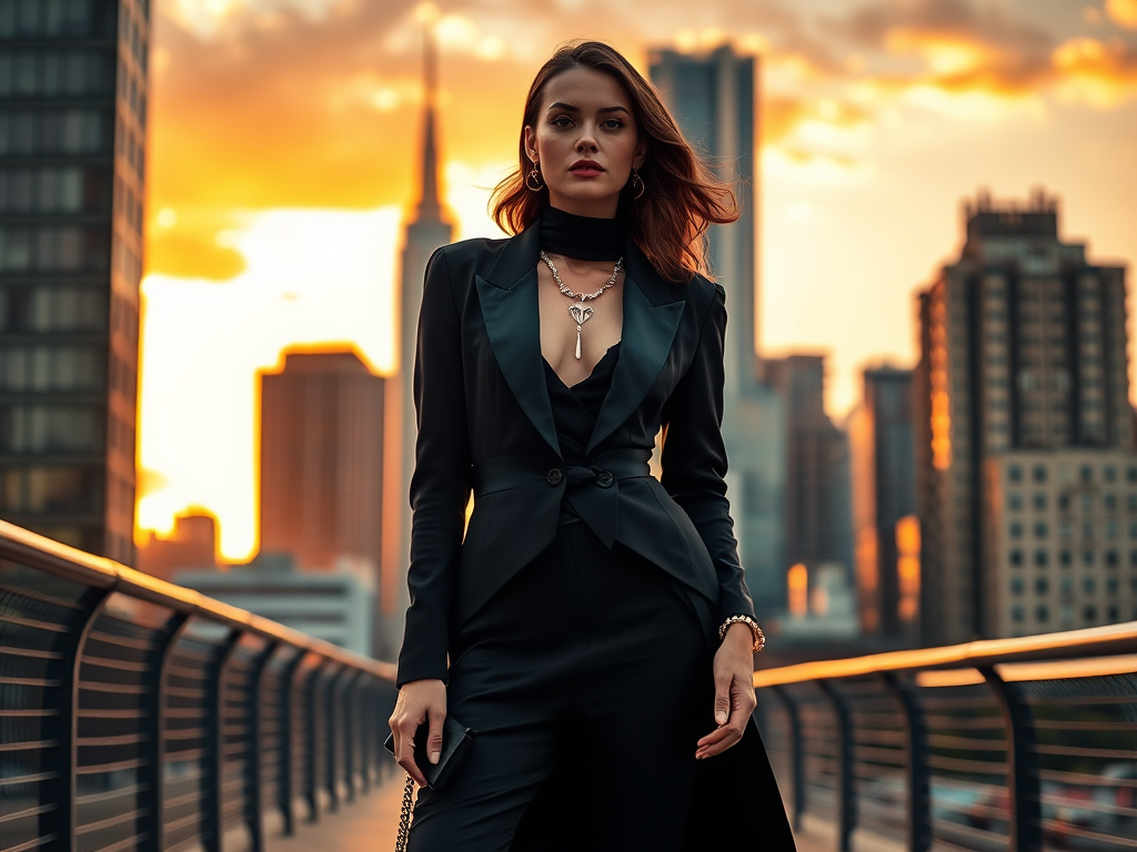 A stylish woman in a black suit stands confidently against a sunset skyline, exuding elegance and poise.